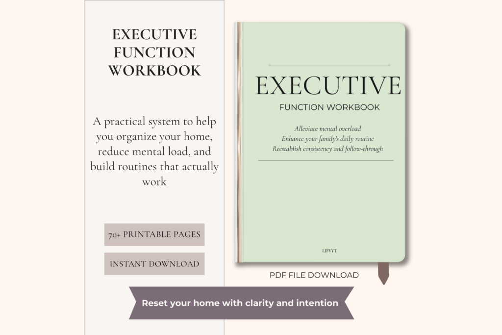 Minimalist life planner and executive reset guide for busy parents organizing family schedules and self-care.