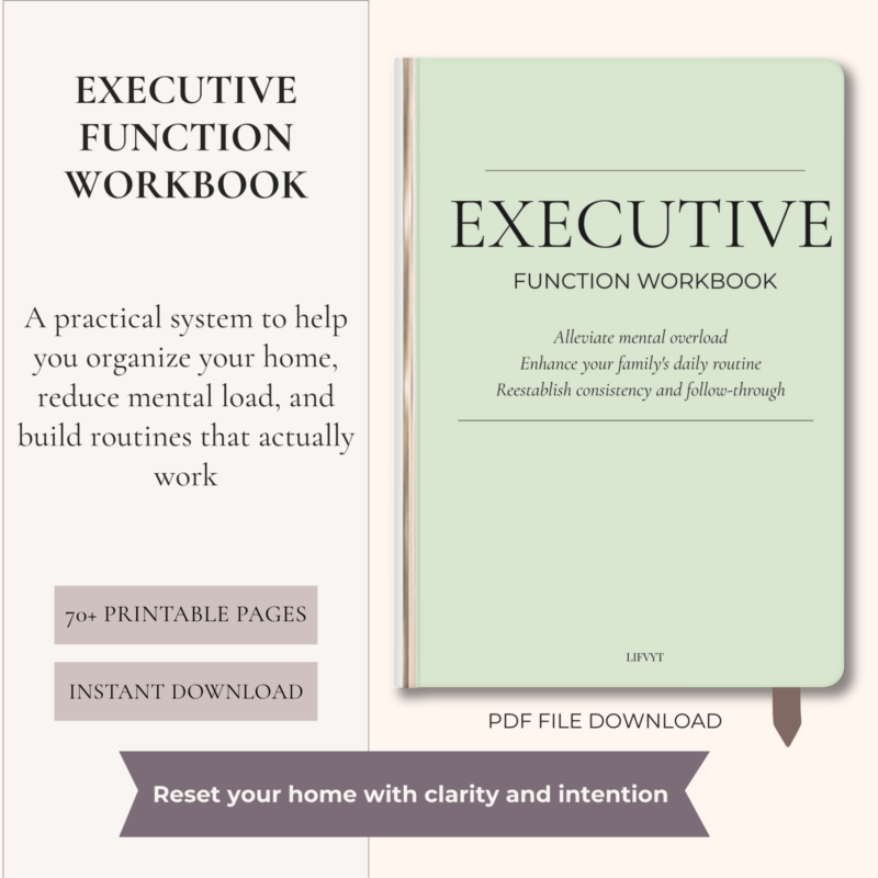 Minimalist life planner and executive reset guide for busy parents organizing family schedules and self-care.