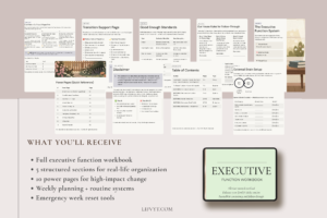 Minimalist life planner and executive reset guide for busy parents organizing family schedules and self-care.