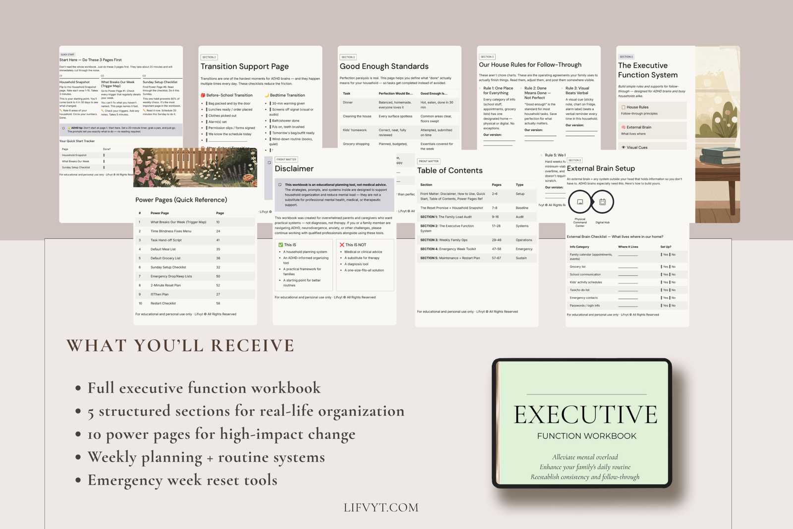 Minimalist life planner and executive reset guide for busy parents organizing family schedules and self-care.