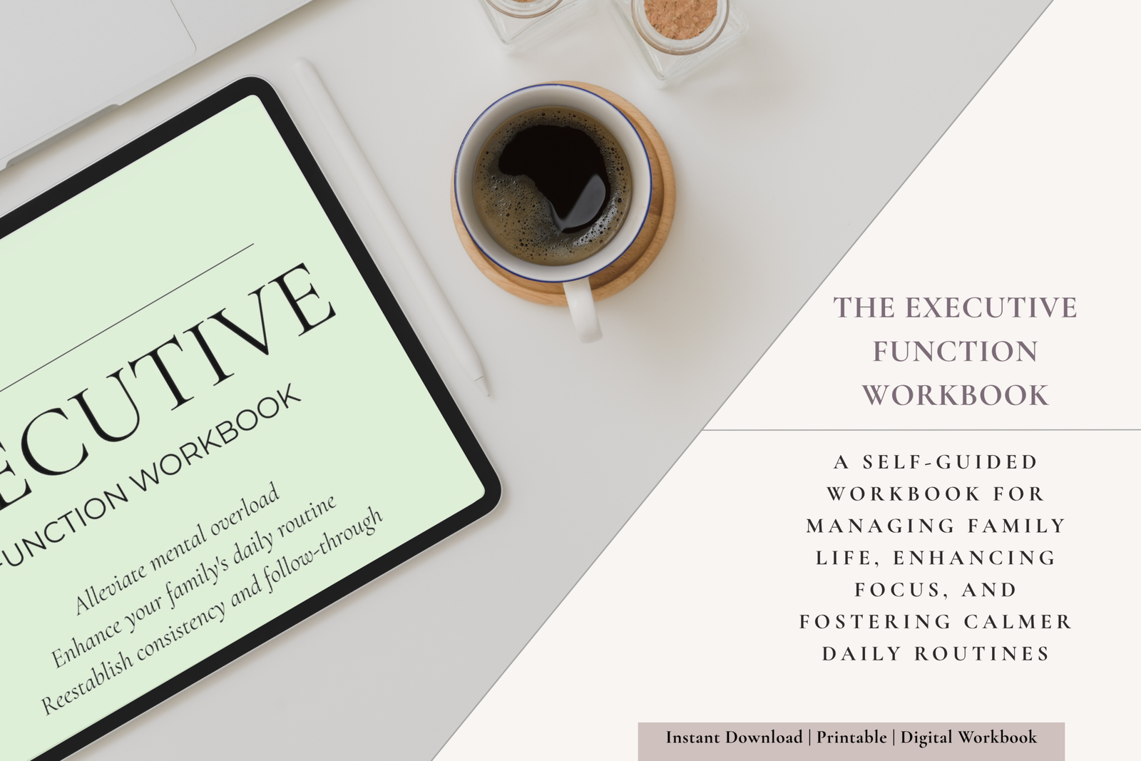 Minimalist life planner and executive reset guide for busy parents organizing family schedules and self-care.