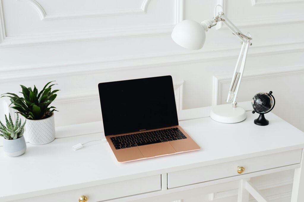 Clean and stylish workspace featuring a laptop, desk lamp, and potted plants on a white desk.