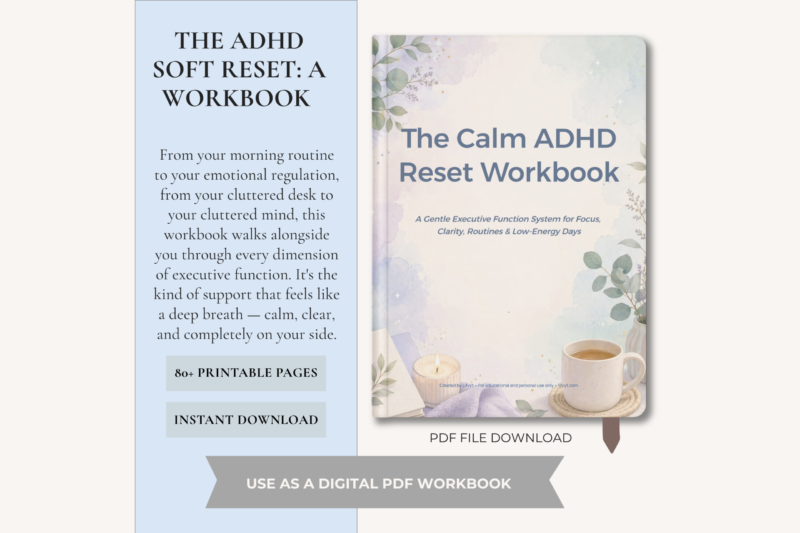 calm adhd reset workbook, life reset, adhd planner printable, executive function workbook, digital planner ipad, mental clarity tools, focus planner, soft aesthetic workspace