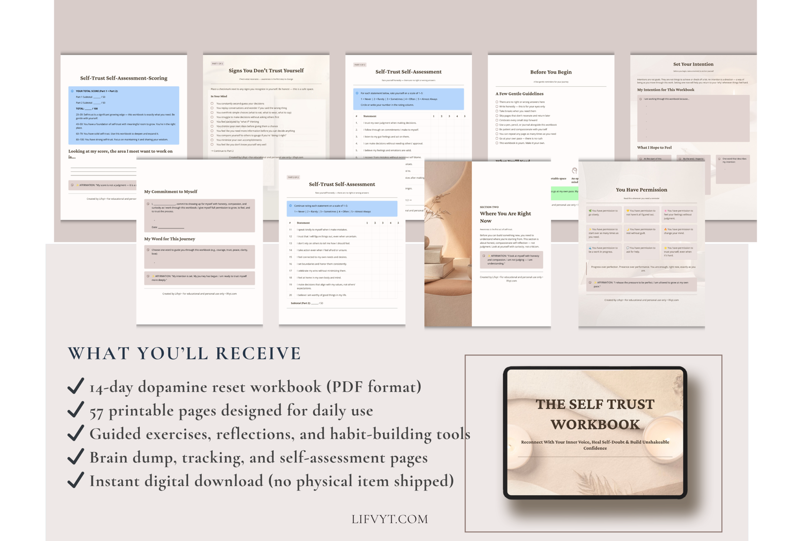 self trust workbook printable pdf cover, self trust workbook pages for confidence and healing, printable self trust journal for women, self growth workbook pdf with prompts and trackers