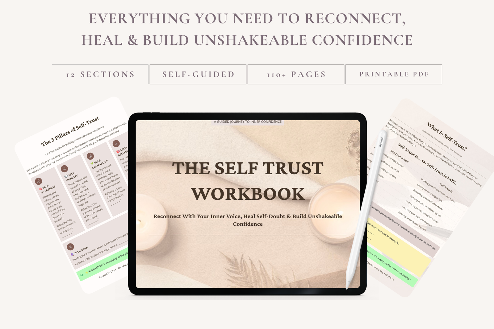 self trust workbook printable pdf cover, self trust workbook pages for confidence and healing, printable self trust journal for women, self growth workbook pdf with prompts and trackers