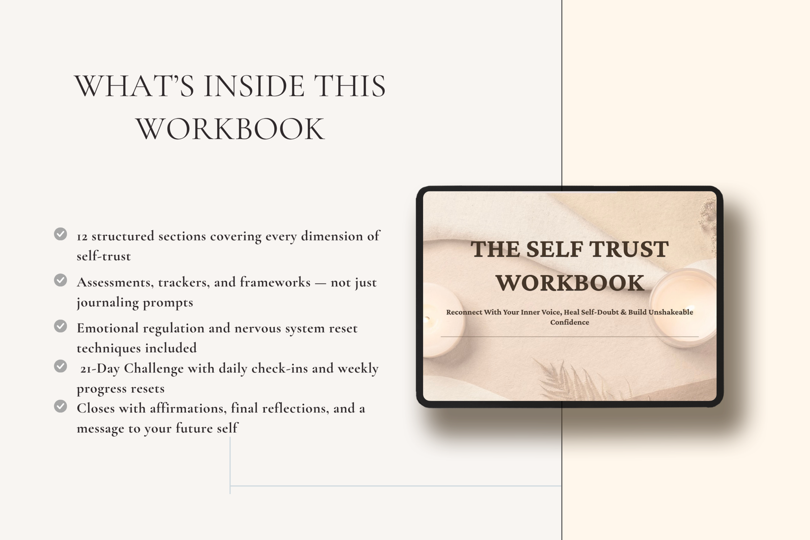 self trust workbook printable pdf cover, self trust workbook pages for confidence and healing, printable self trust journal for women, self growth workbook pdf with prompts and trackers