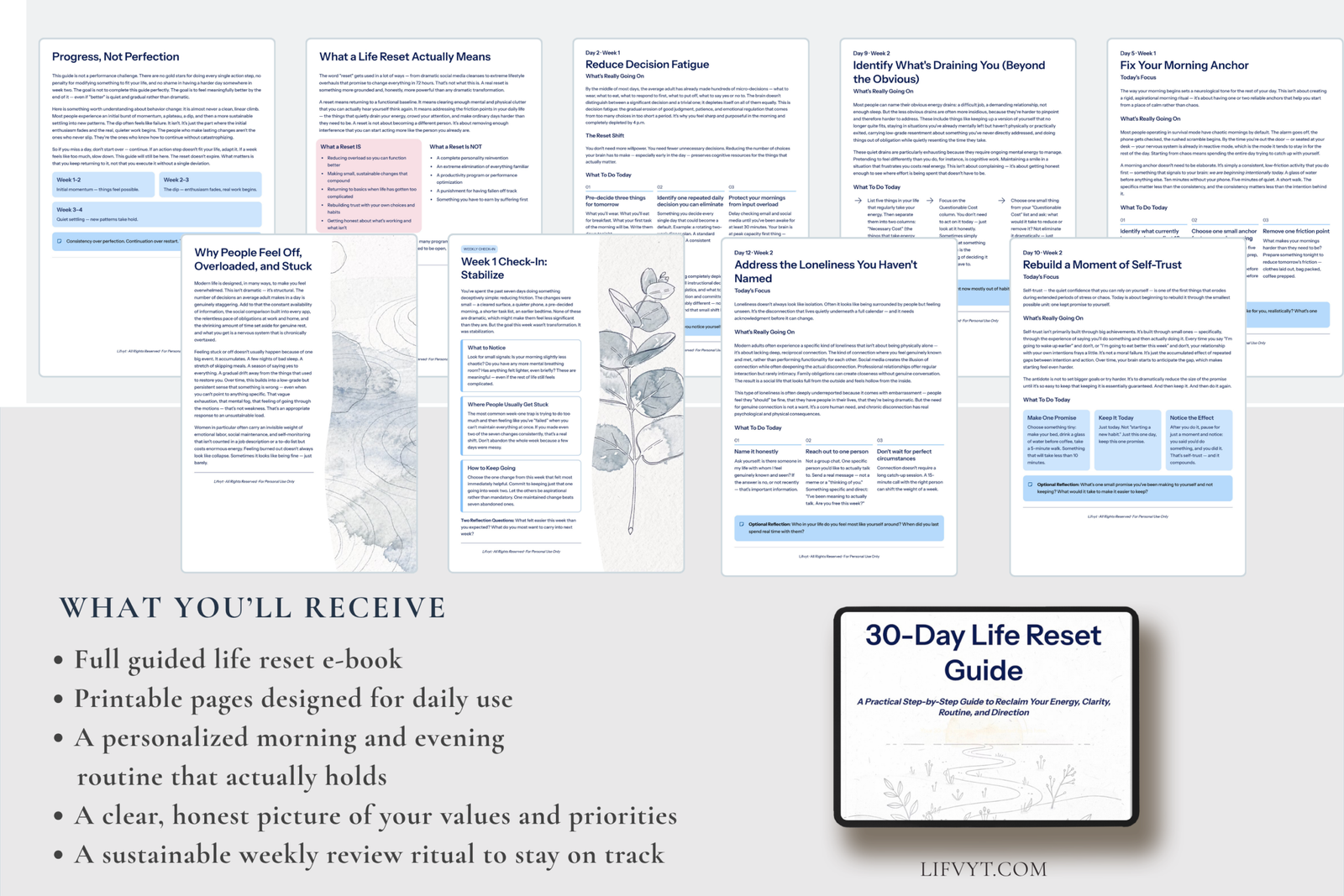 30-Day Life Reset Guide digital workbook cover with soft neutral aesthetic for clarity, energy, routine, and direction