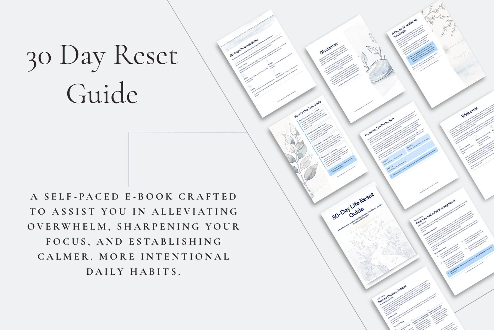 Life reset digital guide for women featuring a calm neutral cover and structured 30-day self-improvement framework