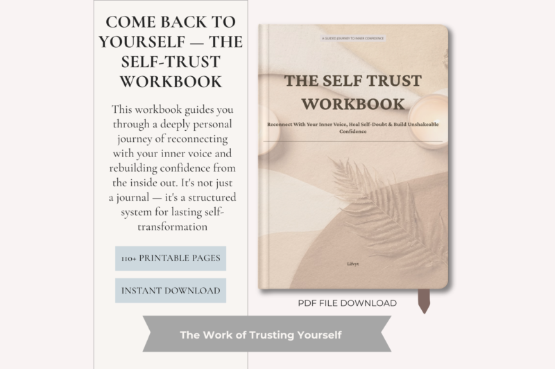 self trust workbook printable pdf cover, self trust workbook pages for confidence and healing, printable self trust journal for women, self growth workbook pdf with prompts and trackers