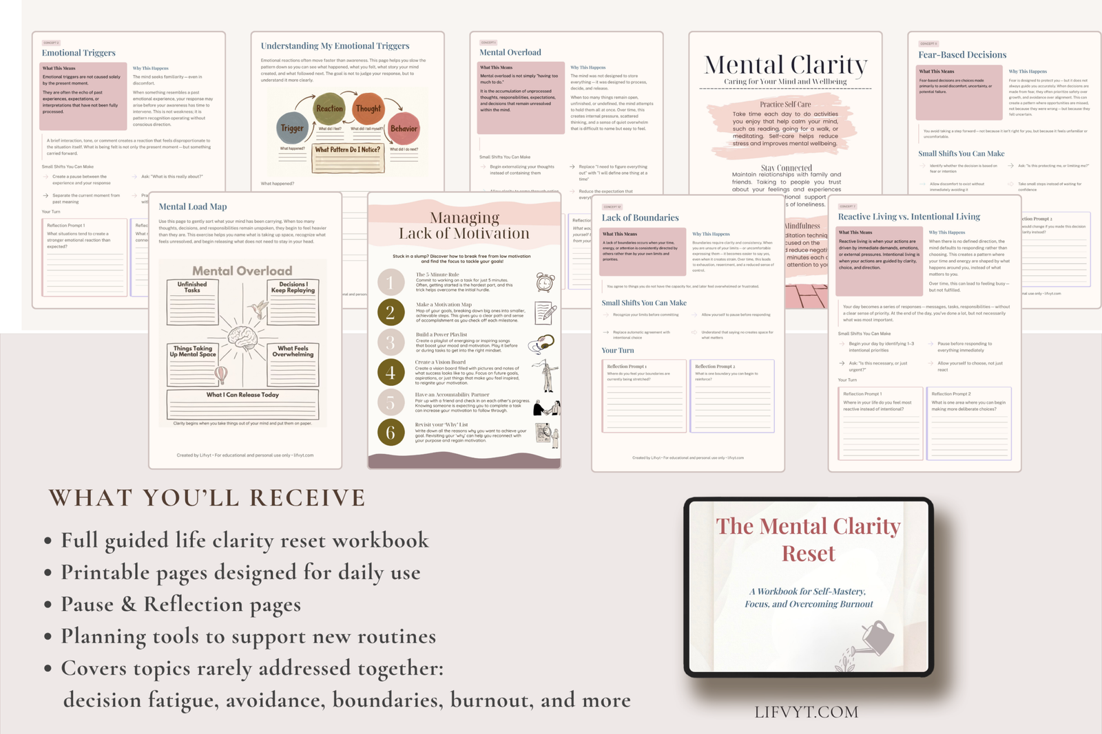 life reset, mental clarity workbook, burnout recovery, focus planner, self mastery workbook, personal growth printable, mindset reset, digital workbook, overwhelm support, productivity reset