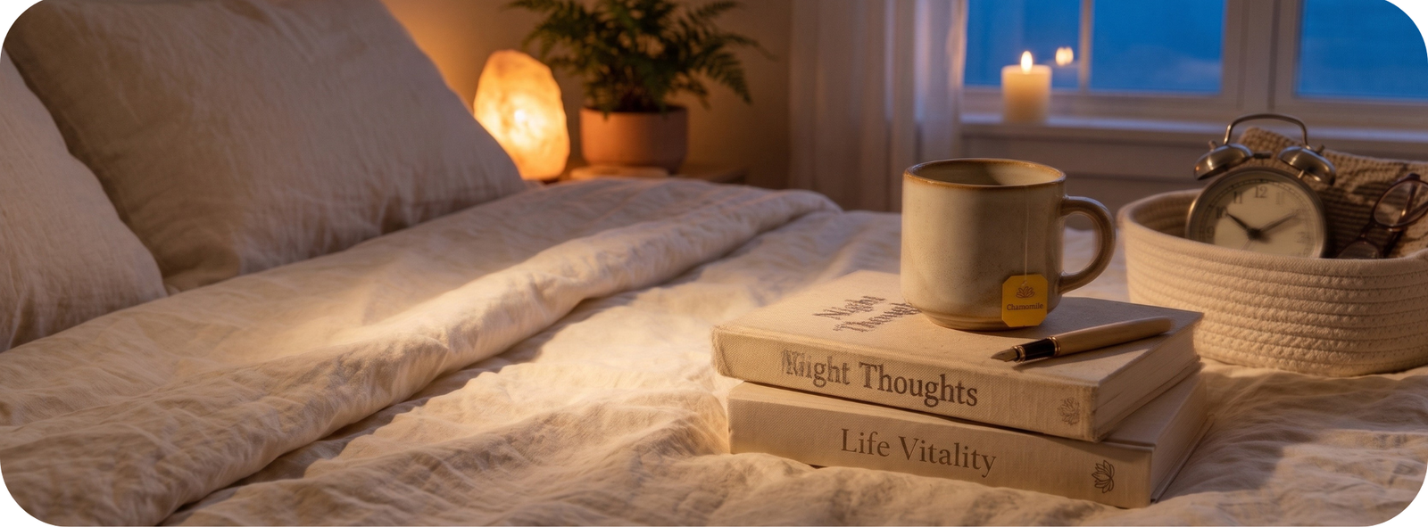 Soft evening bedroom with candle, tea, journal, and warm lighting for a nervous system reset