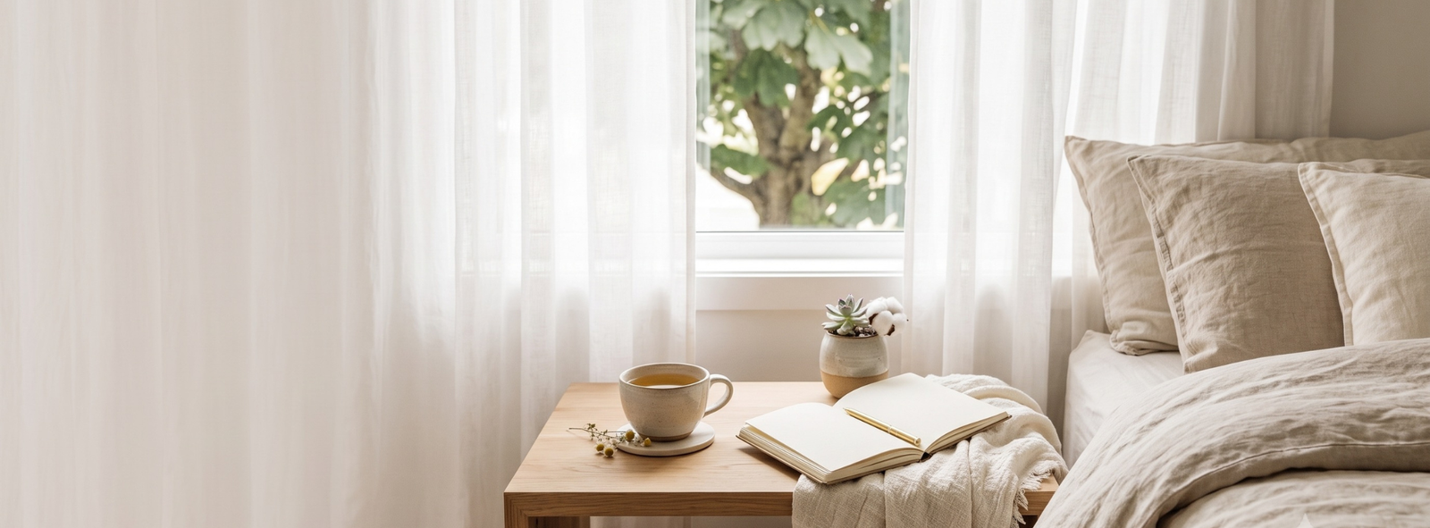 Soft morning light in a calm neutral bedroom setting for a nervous system reset