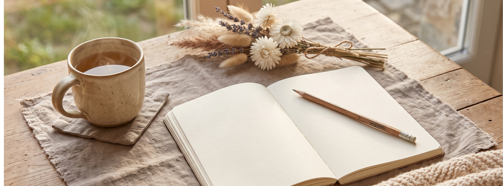 A calming morning routine for a gentle reset with tea and a journal in a soft neutral bedroom