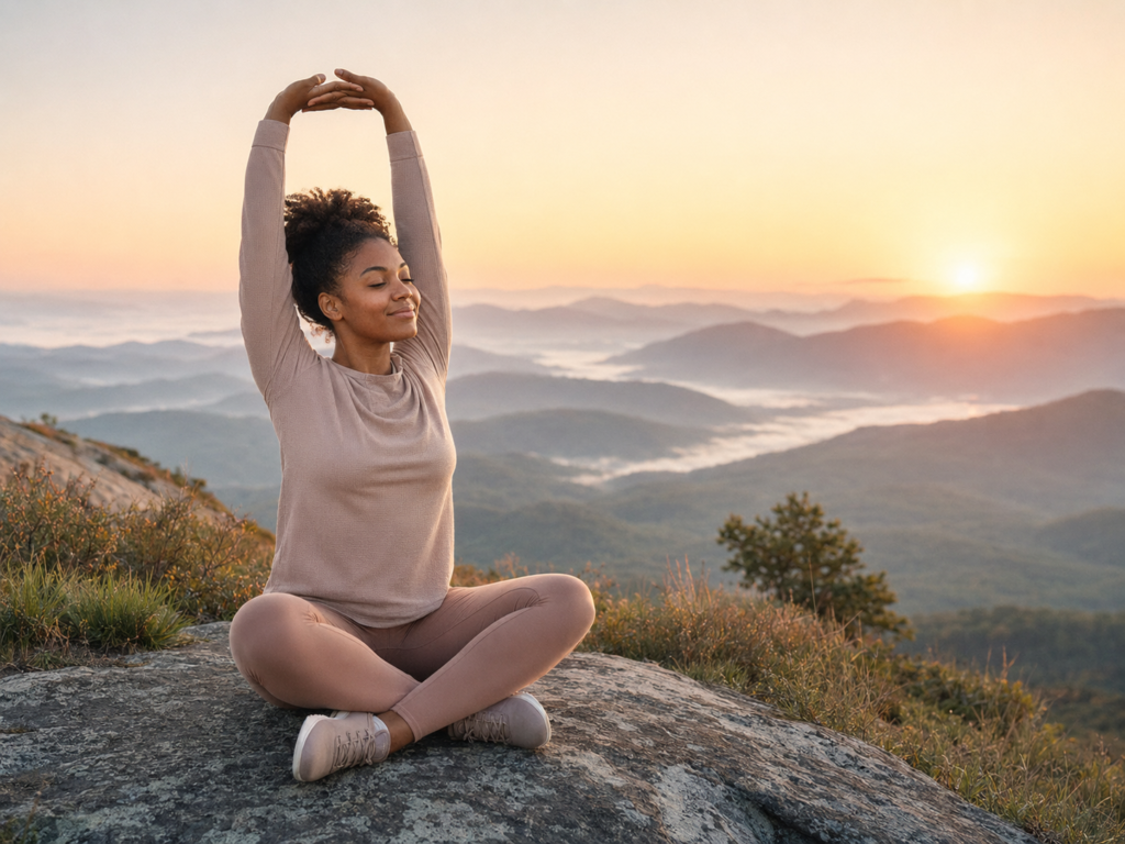 Woman meditating in a seated cross‑legged yoga pose on a rocky ledge at sunrise with mountains in the background, arms raised in a gentle stretch.