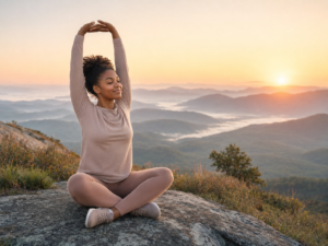 Woman meditating in a seated cross‑legged yoga pose on a rocky ledge at sunrise with mountains in the background, arms raised in a gentle stretch.