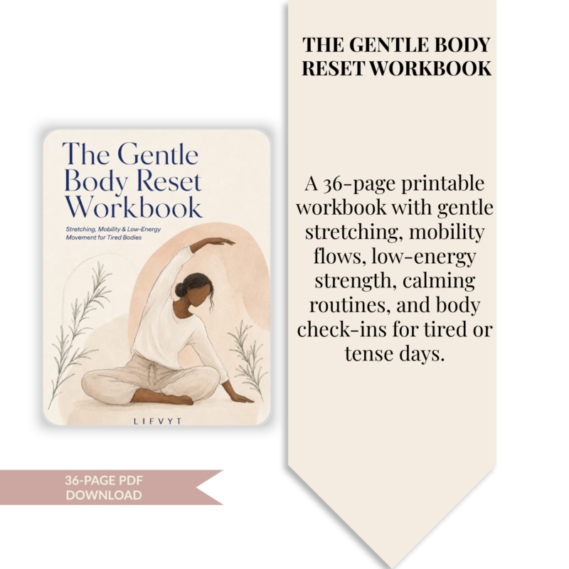 The Gentle Body Reset Workbook printable PDF featuring gentle stretching exercises, mobility routines, body awareness pages, and wellness trackers.