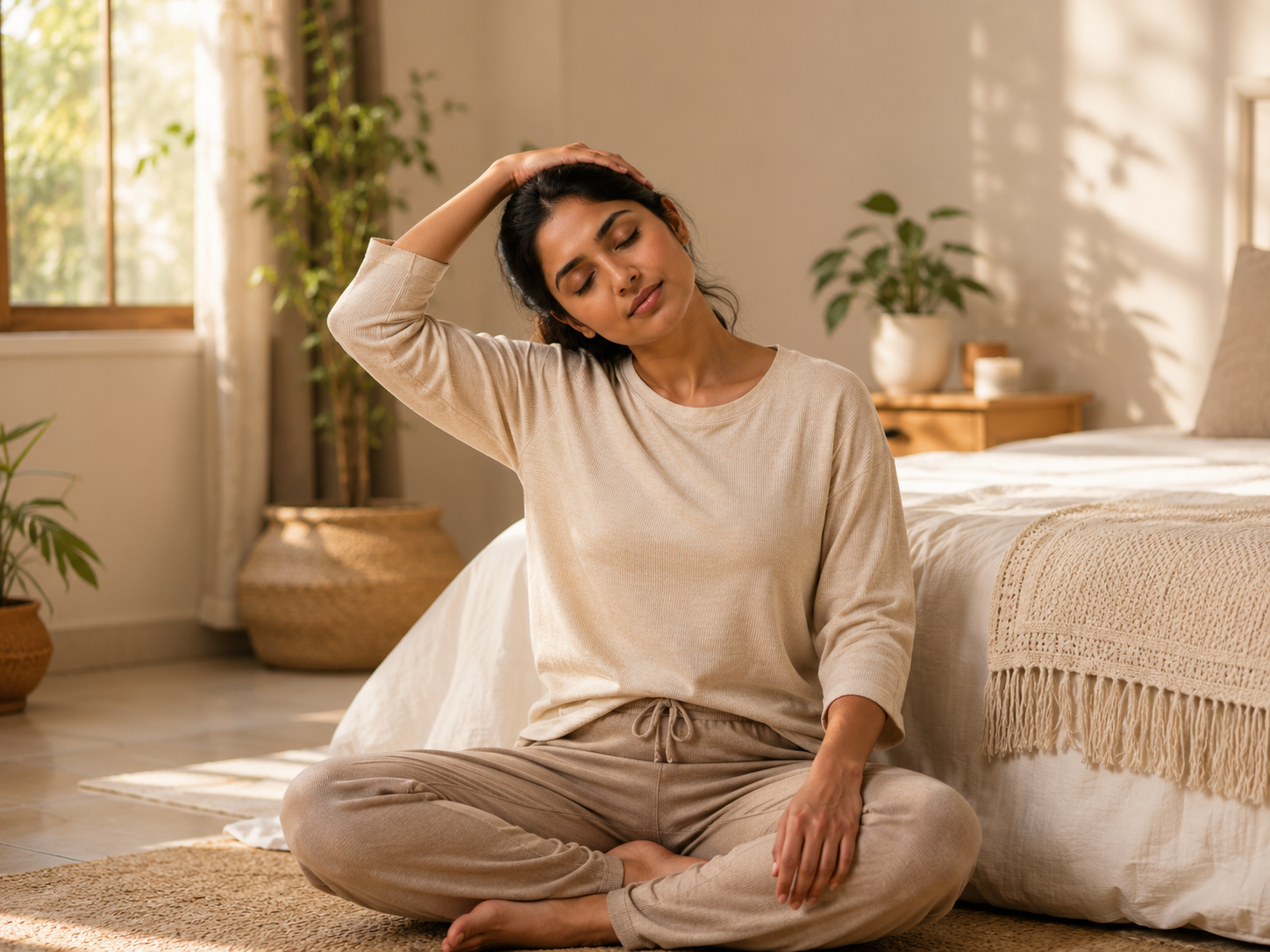 Indian woman doing bedside neck release for morning stretches for nervous system regulation