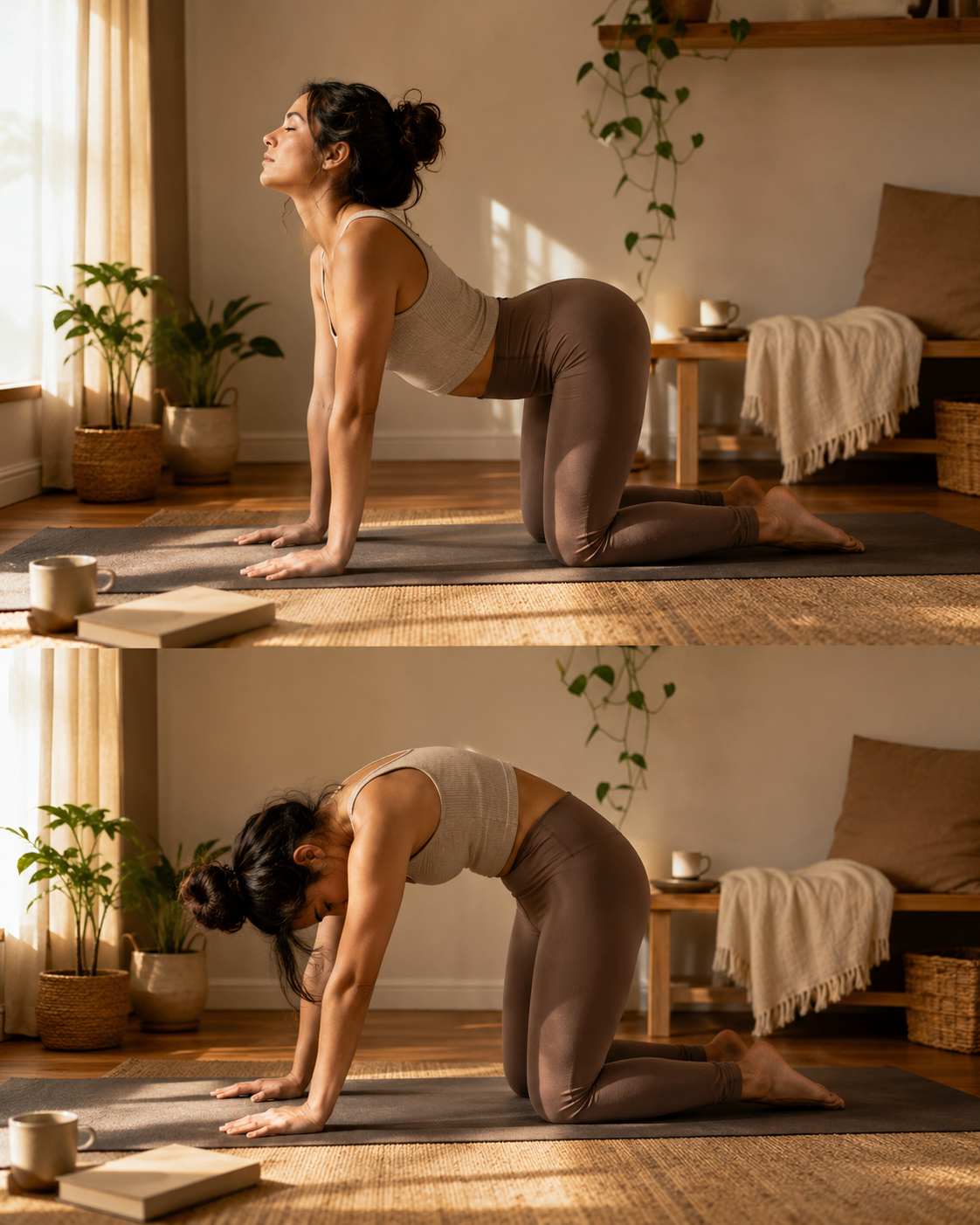 Spanish woman doing cat-cow stretch in a warm room for nervous system regulation