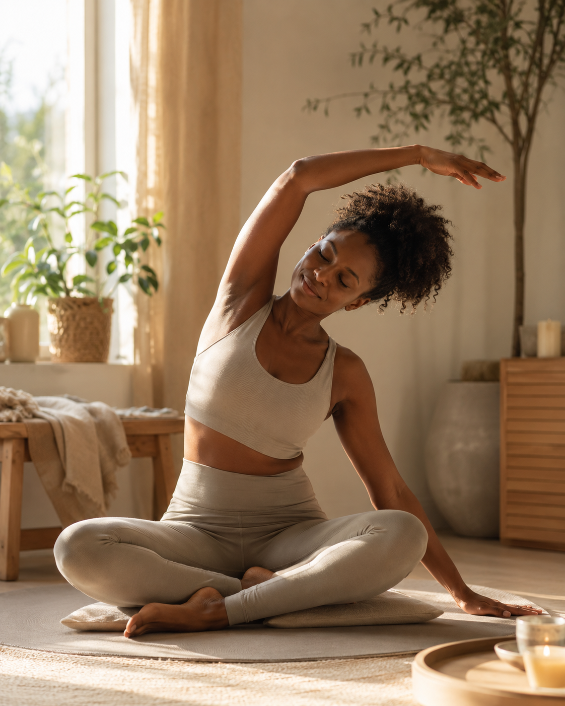 Dark skin woman doing seated side body stretch in morning sun for nervous system regulation