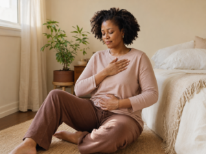 Woman sits on a woven rug in a cozy bedroom, hand on her chest and stomach, eyes closed in calm breathing.