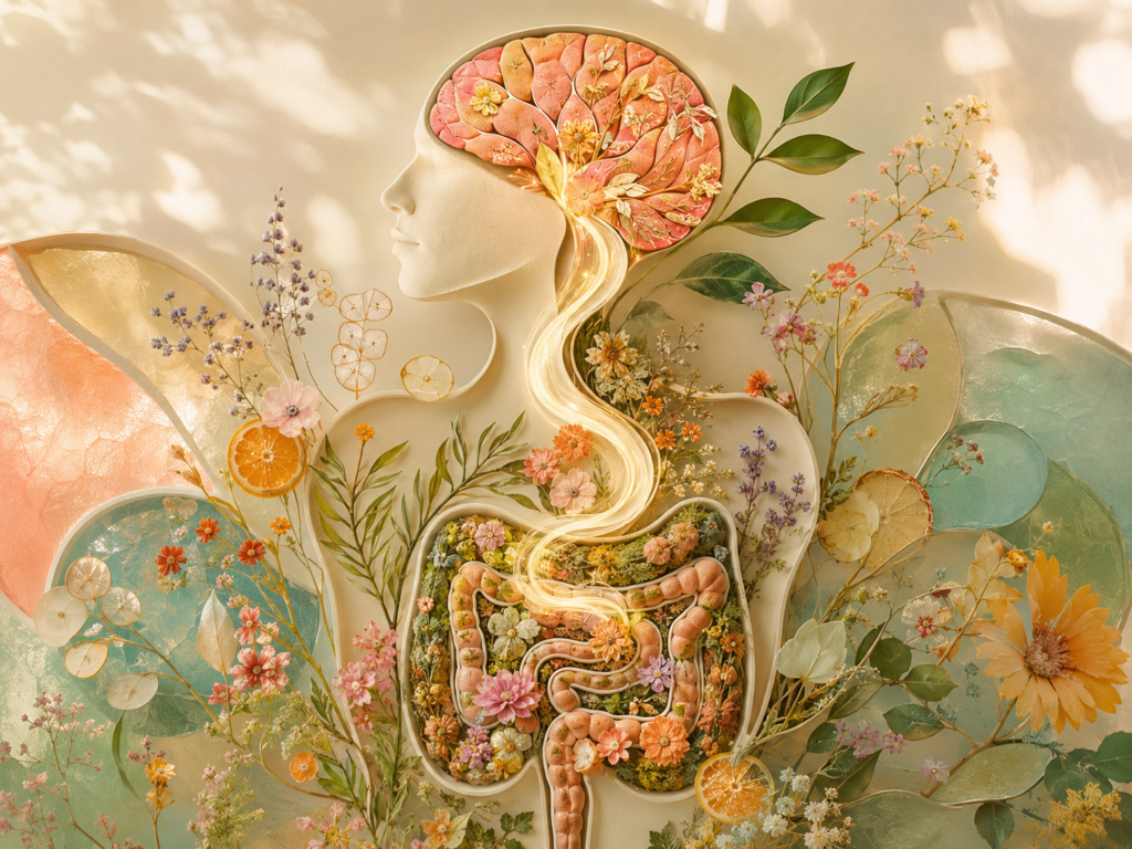 Artistic silhouette of a person with a flowering brain and blossoming internal organs, blending anatomy with nature.