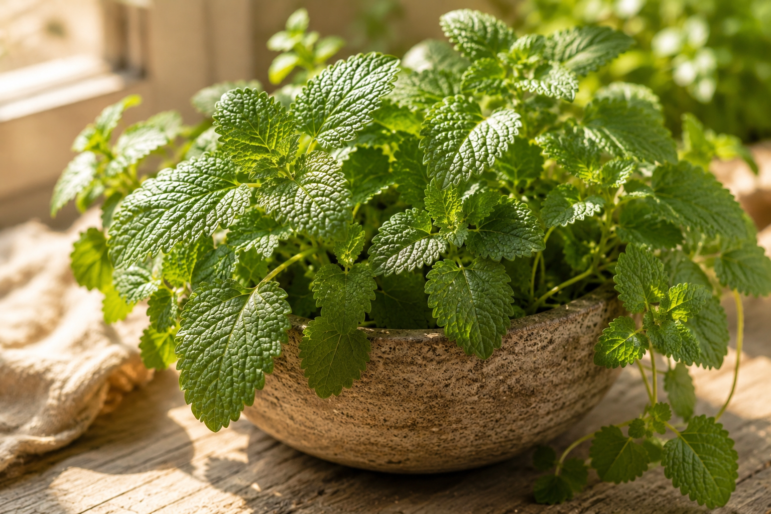 Lemon balm herbal tea with fresh leaves journal linen and small yellow flowers in warm window light
