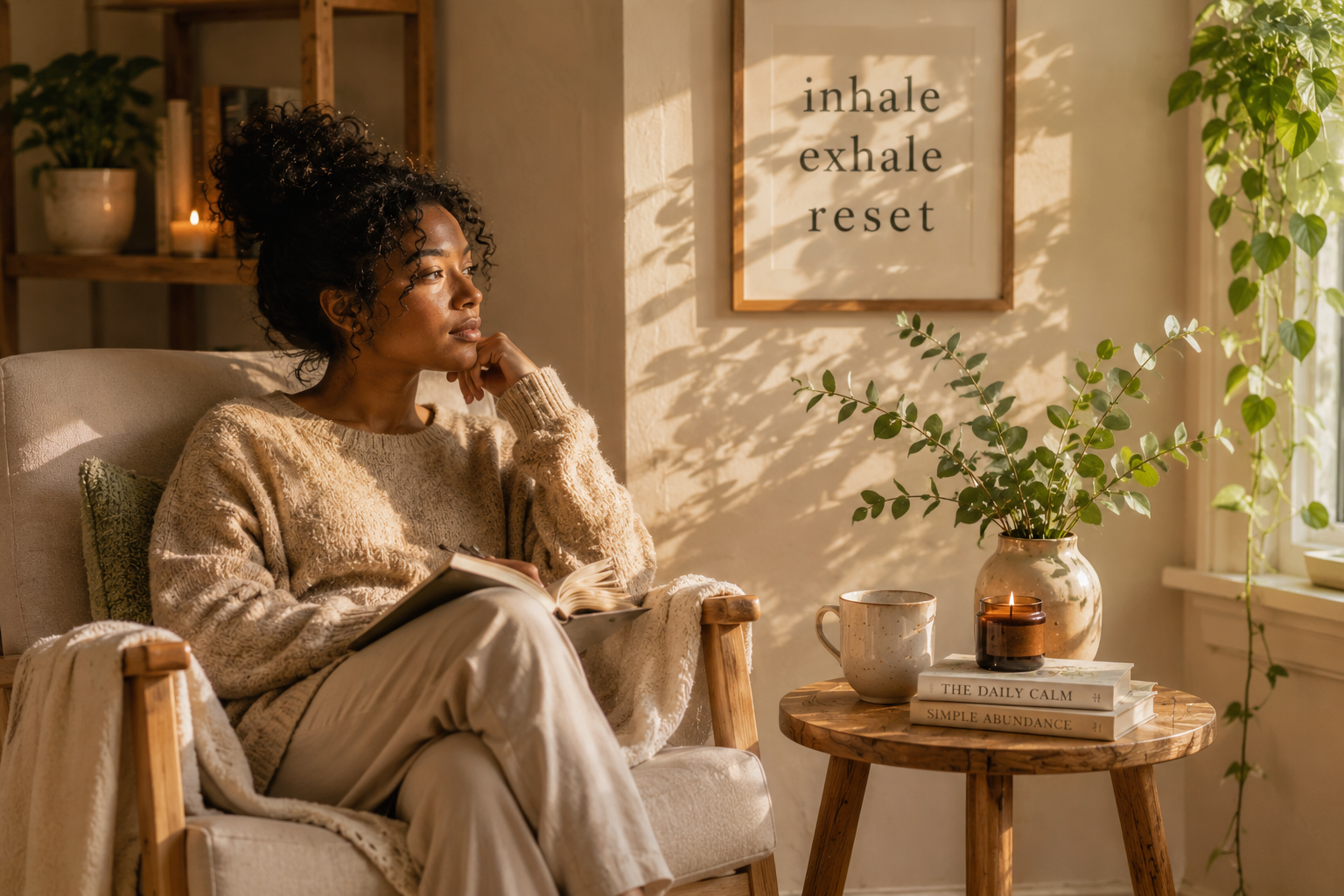 Calm space for a nervous system reset with warm natural light and grounding details