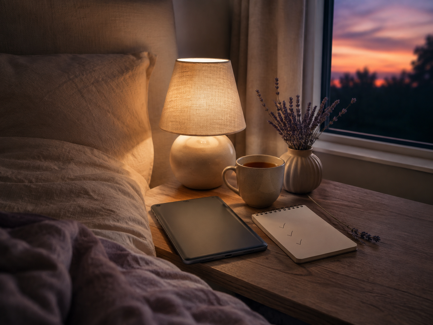 Peaceful evening representing gentle AI support and mental rest