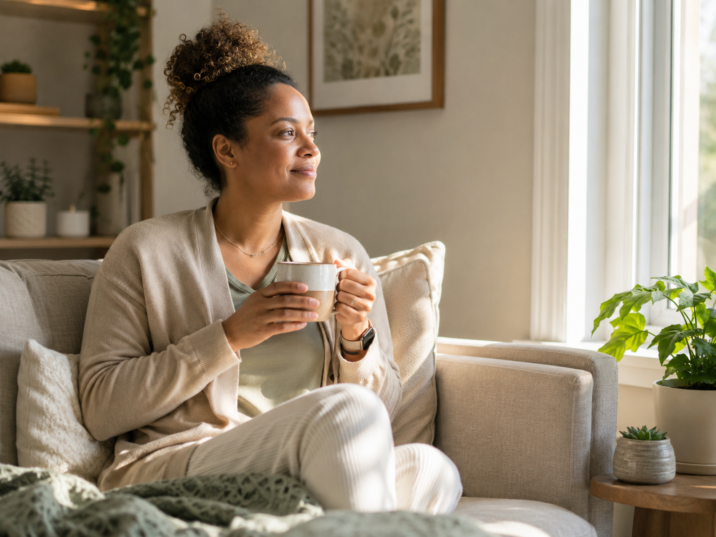 Black woman resting with tea in a sunlit chair for gentle fatigue recovery and nervous system support