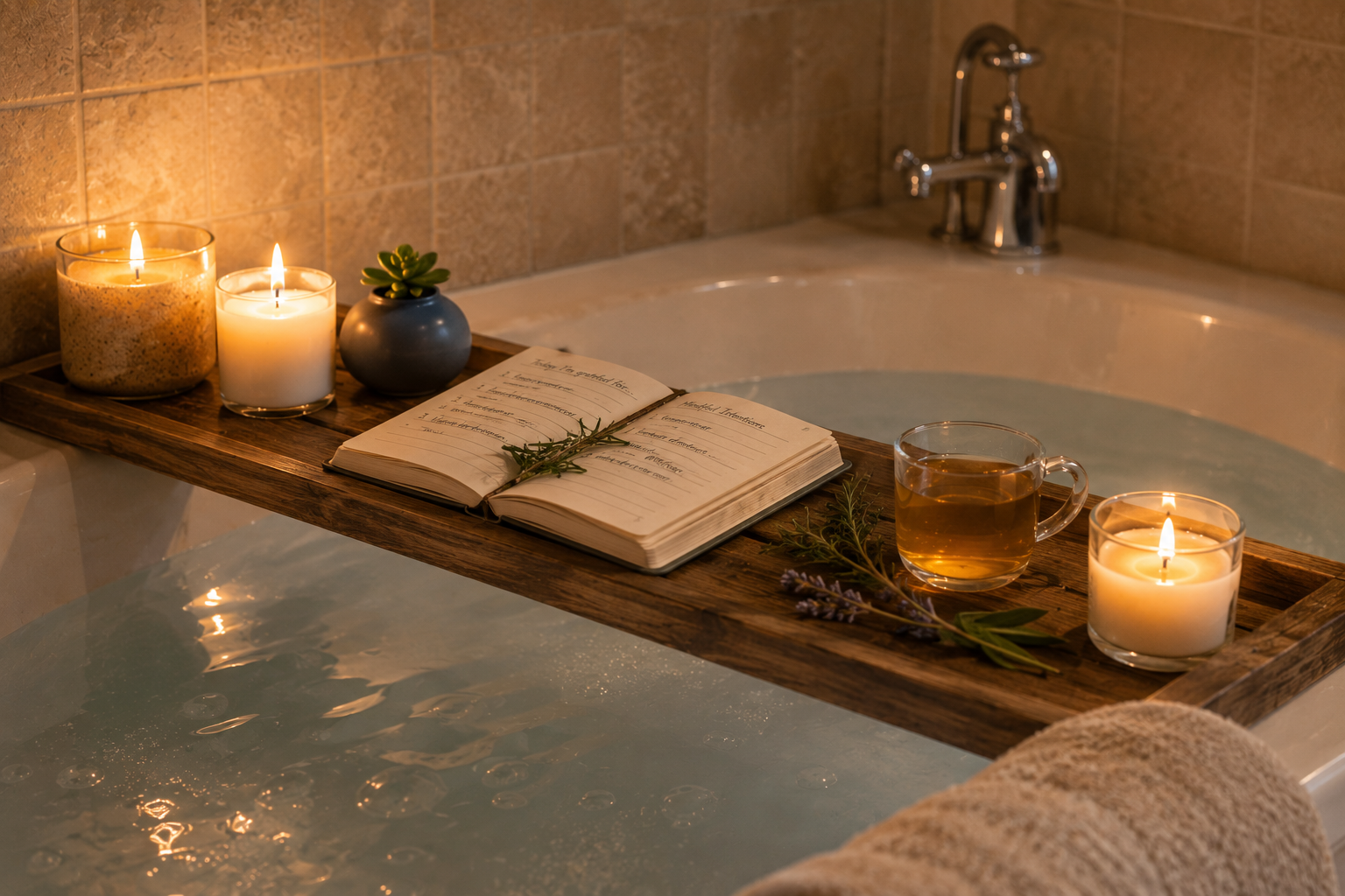 Warm bath candles and journal for the soothe and reset portion of an after-work nervous system reset