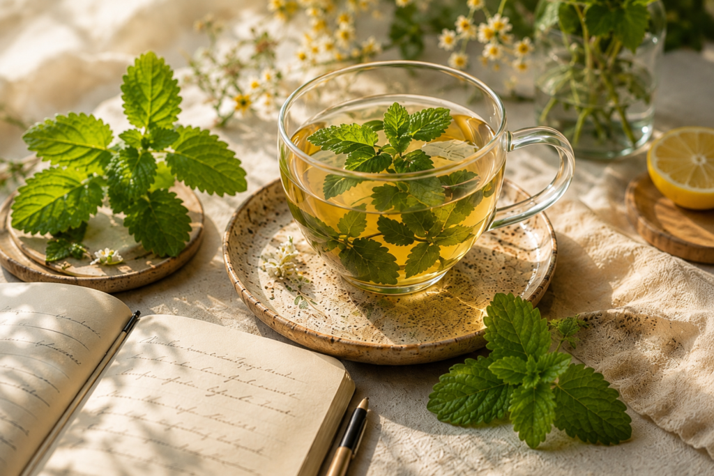 Fresh lemon balm plant in a rustic pot glowing in warm natural sunlight
