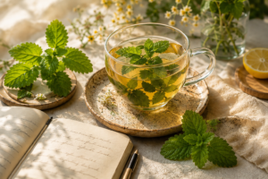 Fresh lemon balm plant in a rustic pot glowing in warm natural sunlight