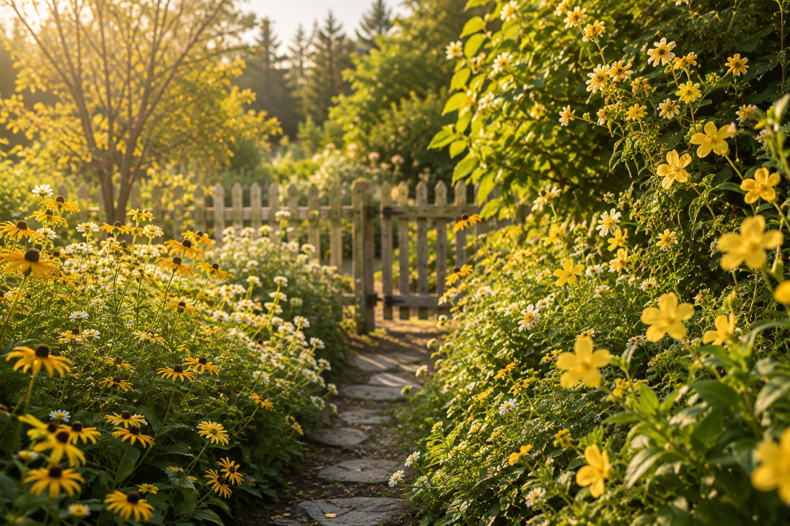 Golden herb garden with lemon balm plants stone path and warm evening sunlight