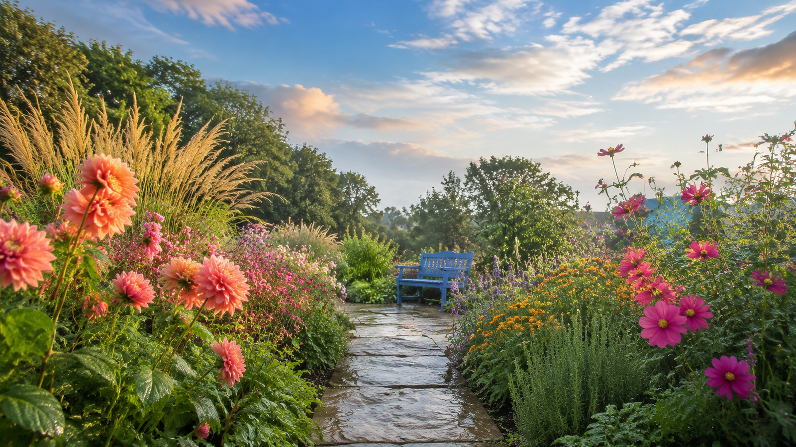 Bright garden path offering a spacious visual pause from chronic stress