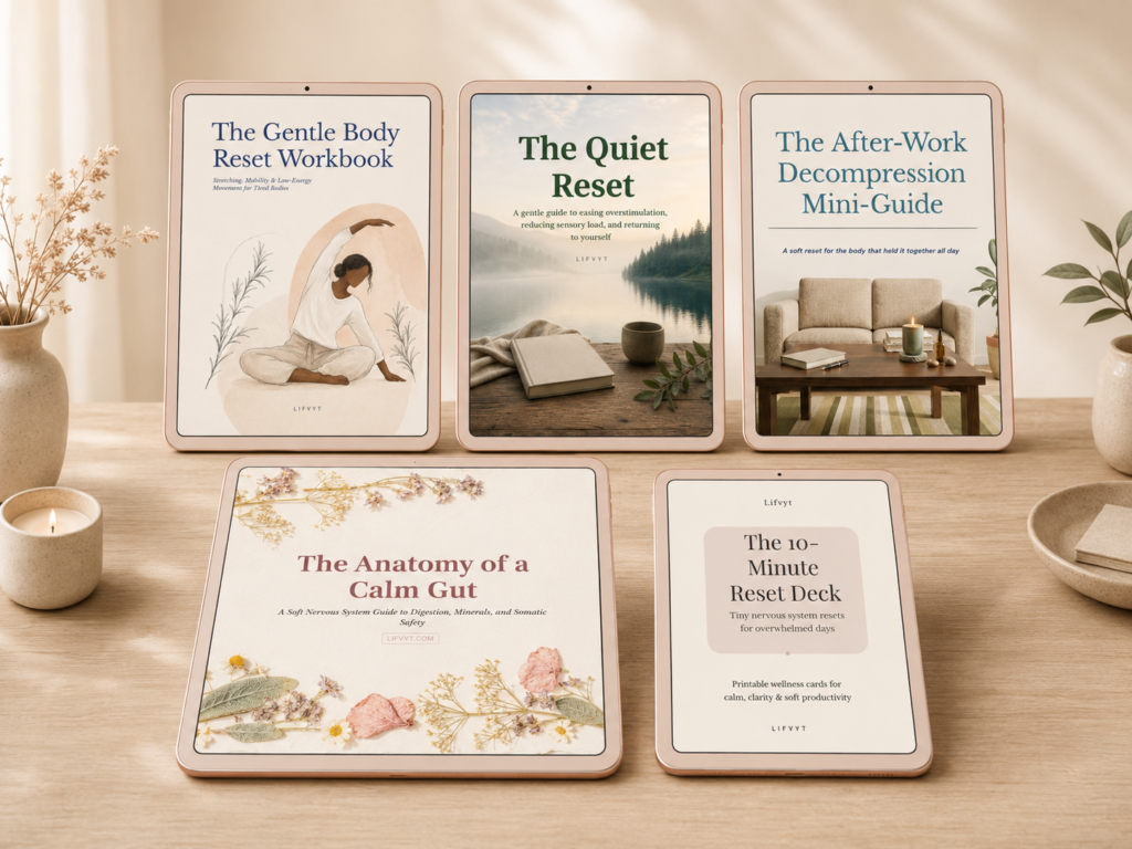 Tier 1 Lifvyt reset collection shown on five tablet mockups: Gentle Body Reset Workbook, Quiet Reset, After-Work Decompression Mini-Guide, Anatomy of a Calm Gut, and 10-Minute Reset Deck.
