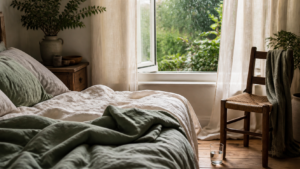 Restful bedroom with soft linen and an open window