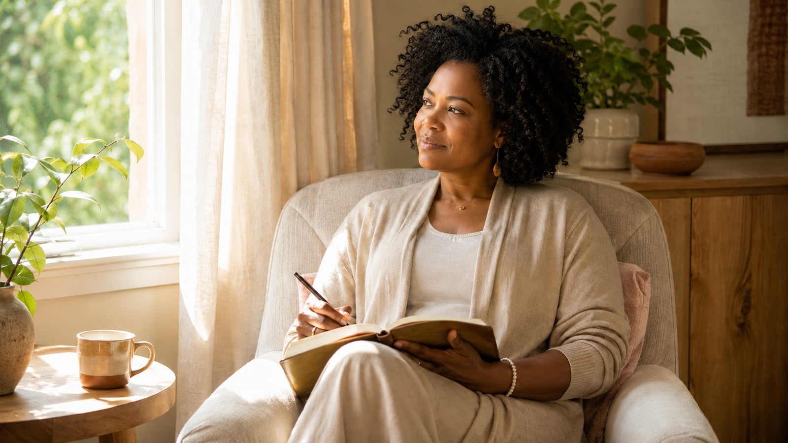 Black woman journaling near a sunlit window while reflecting on self-worth