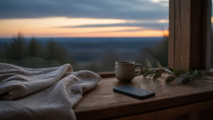 Phone placed face down beside tea at a quiet window