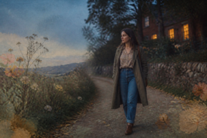 Woman walking home at dusk after socializing, surrounded by nostalgic botanical art
