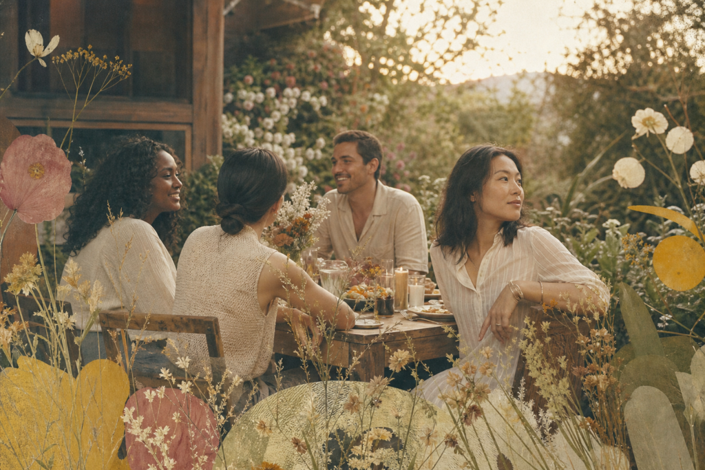Friends at a garden gathering with one woman taking a quiet sensory pause
