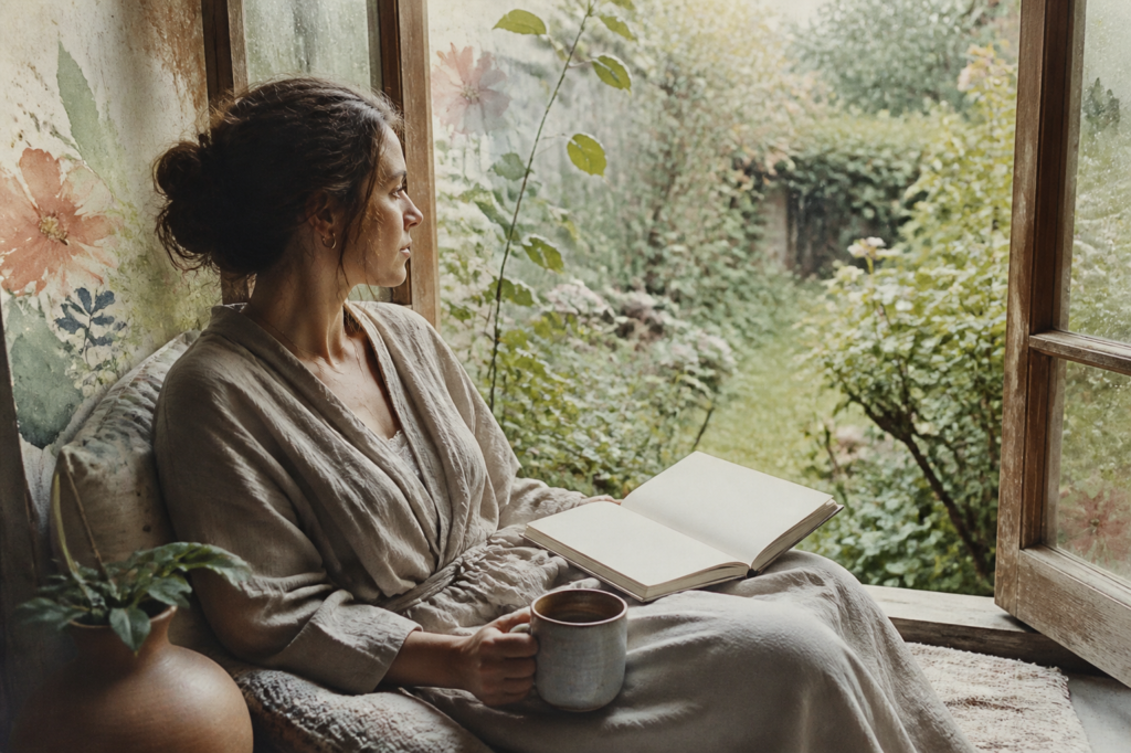 Woman resting by an open window with a journal after socializing