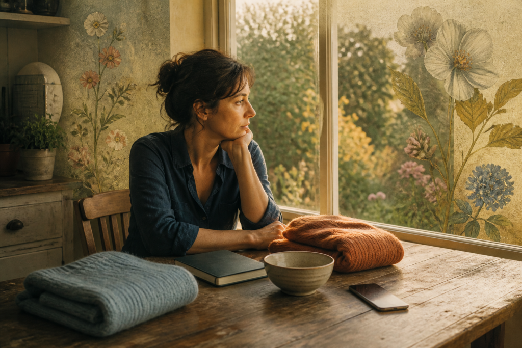 Woman pausing at a kitchen table while experiencing decision fatigue