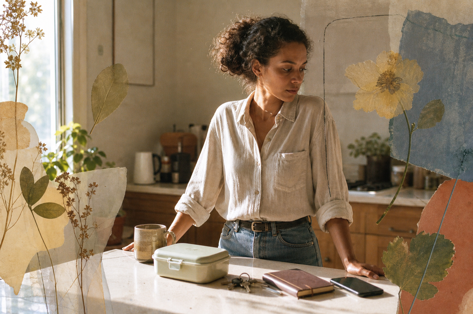 Woman facing everyday choices at a kitchen counter during a busy morning