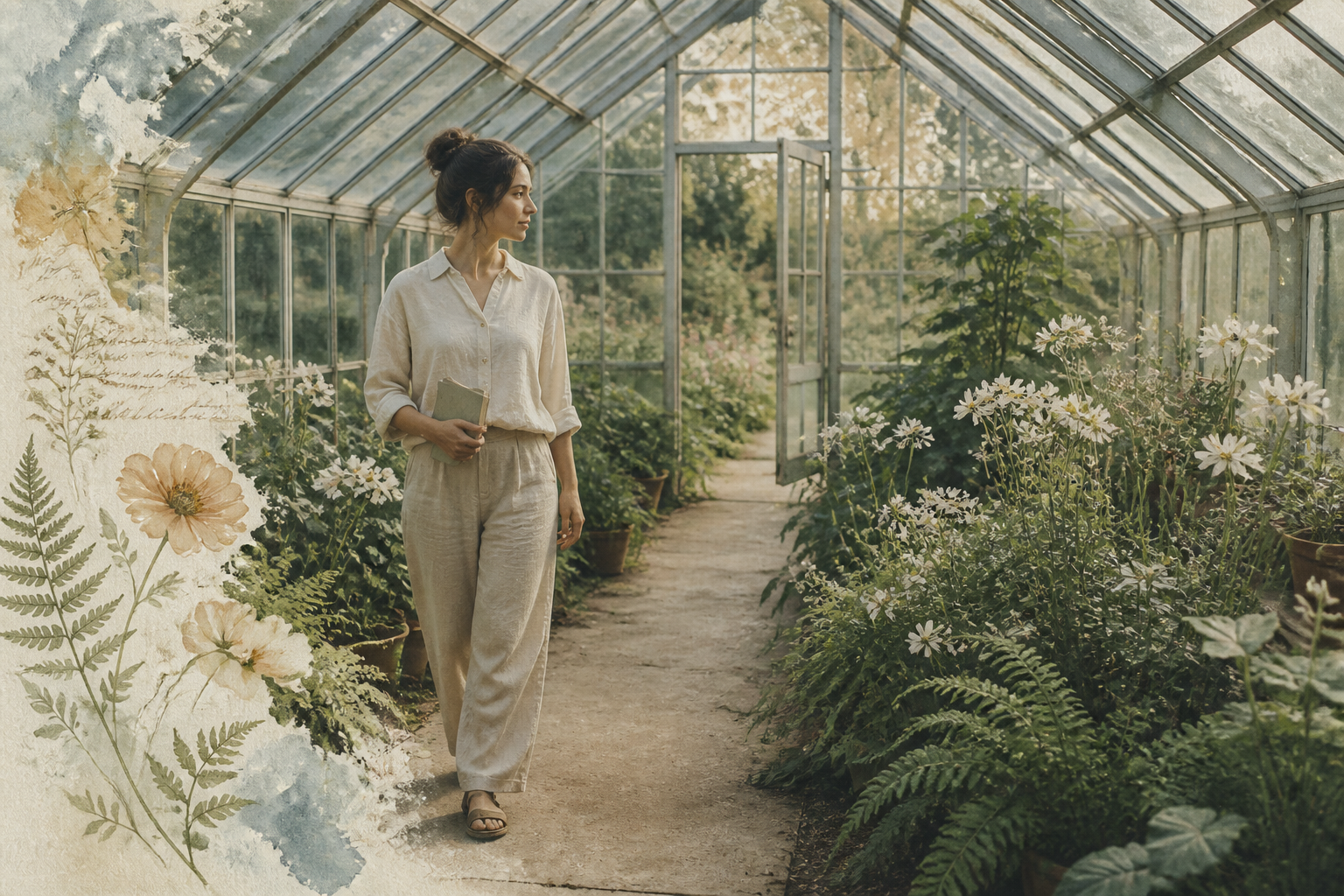 Woman walking through a quiet greenhouse after simplifying her decisions