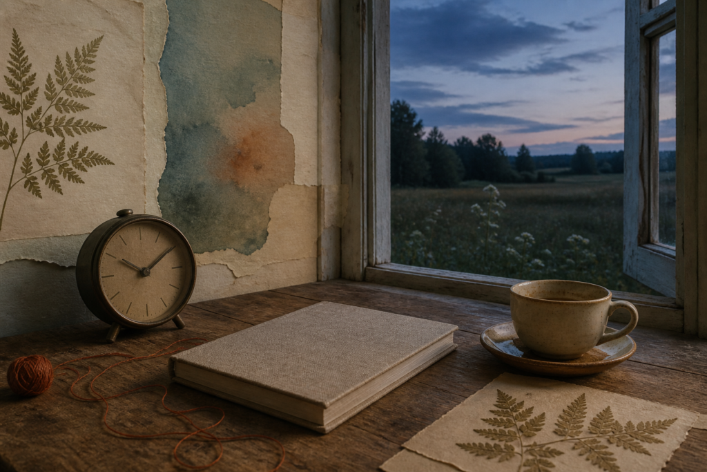 Nostalgic Sunday twilight still life with a clock, closed journal, tea and botanical collage