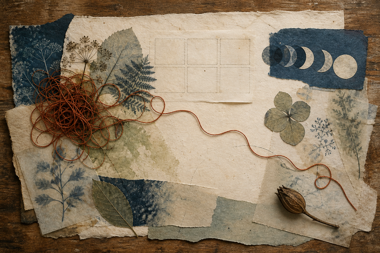 Botanical paper collage with tangled rust-colored thread gradually becoming loose