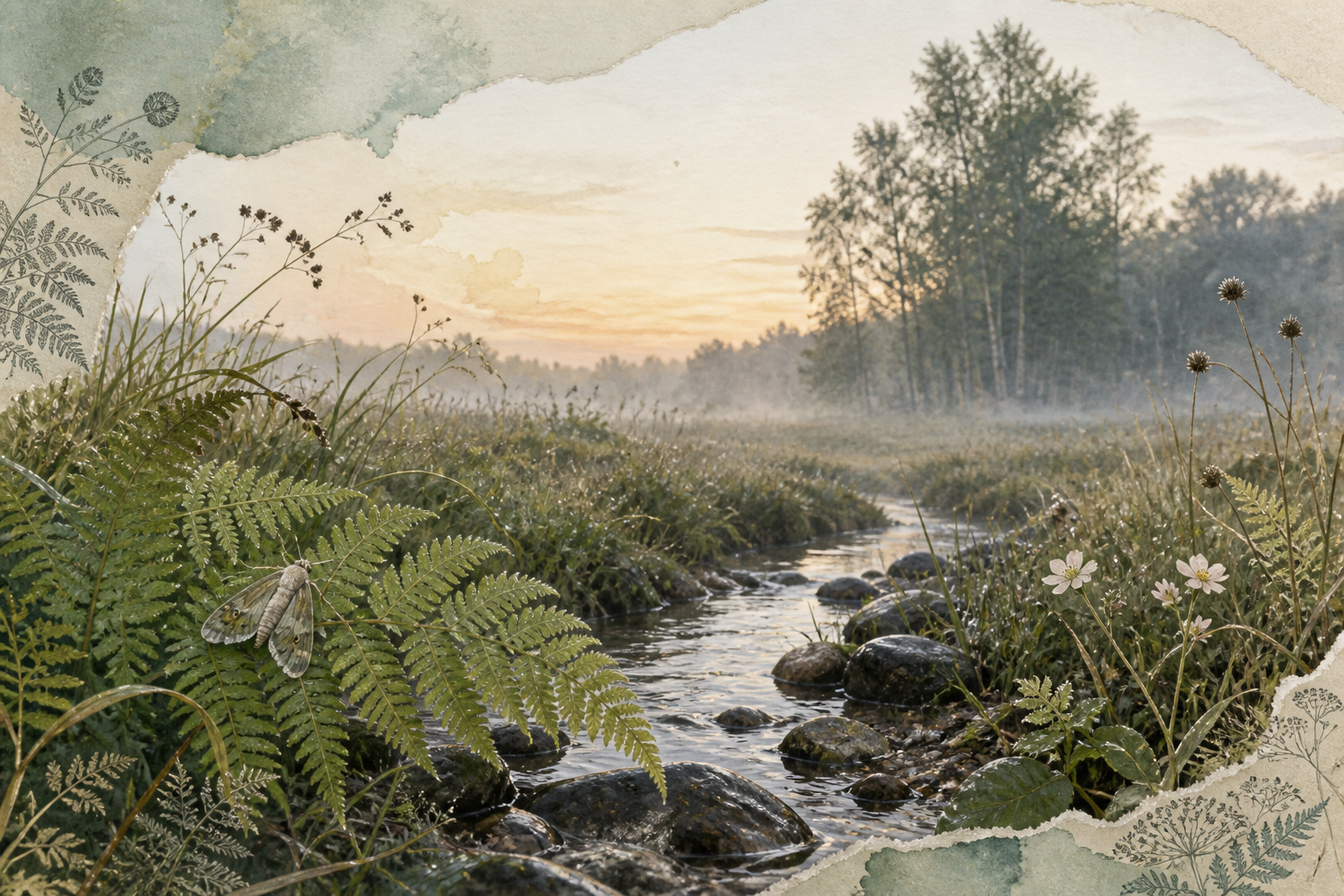 Quiet dawn stream winding through ferns and wildflowers after rain