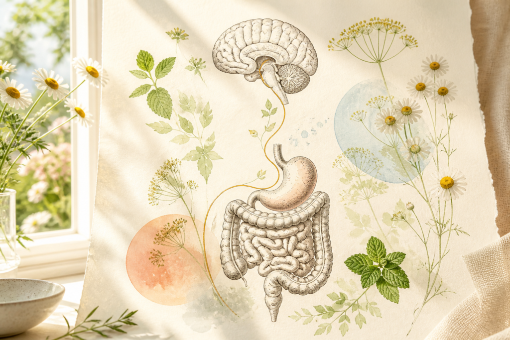 Sunlit botanical illustration of the brain and digestive system connected on handmade paper