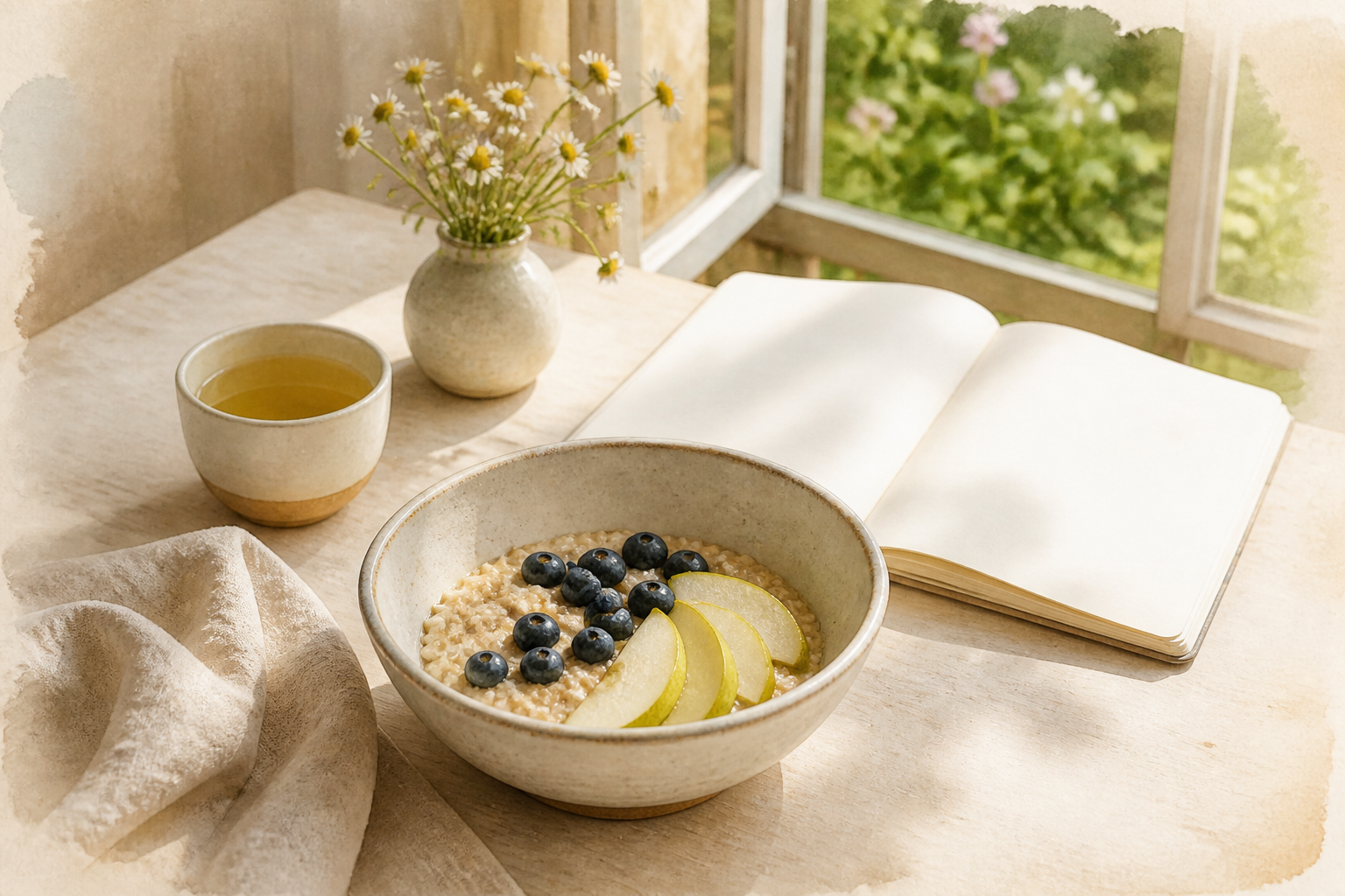 Sunlit breakfast table with oatmeal, fruit, herbal tea and a blank notebook