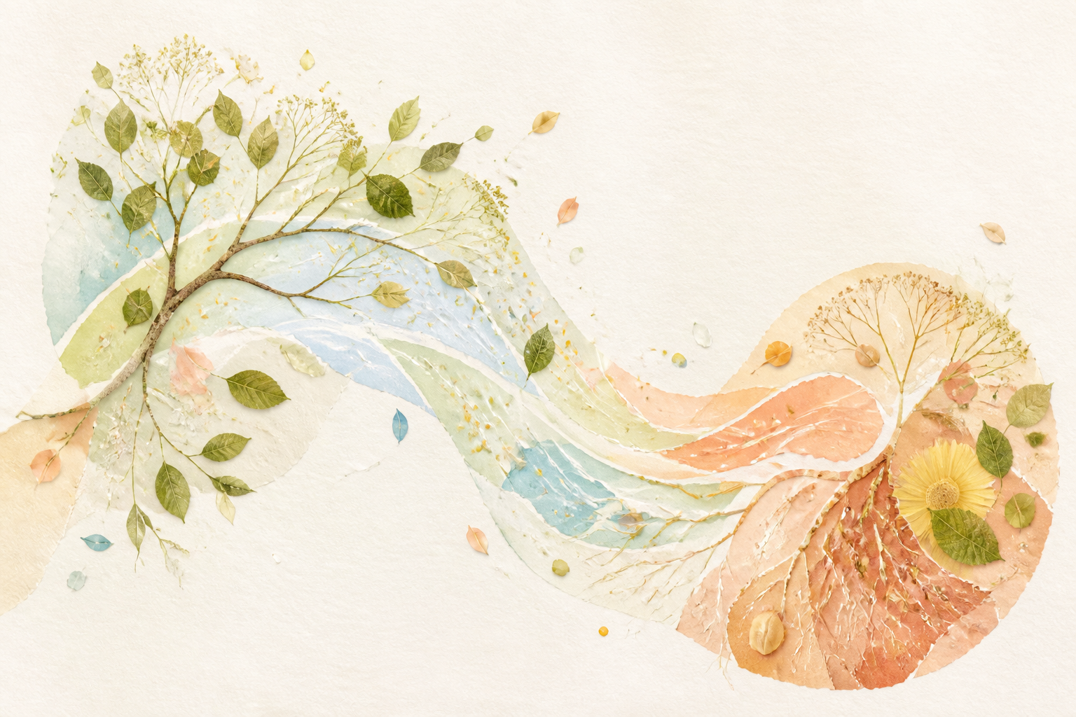 Bright botanical paper collage with two organic forms connected by flowing watercolor